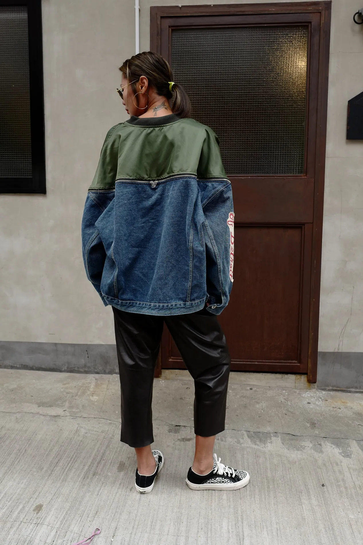 ( BEIGE / GREEN ) PATCHWORK MA1 DENIM JACKET *MUST BUY*