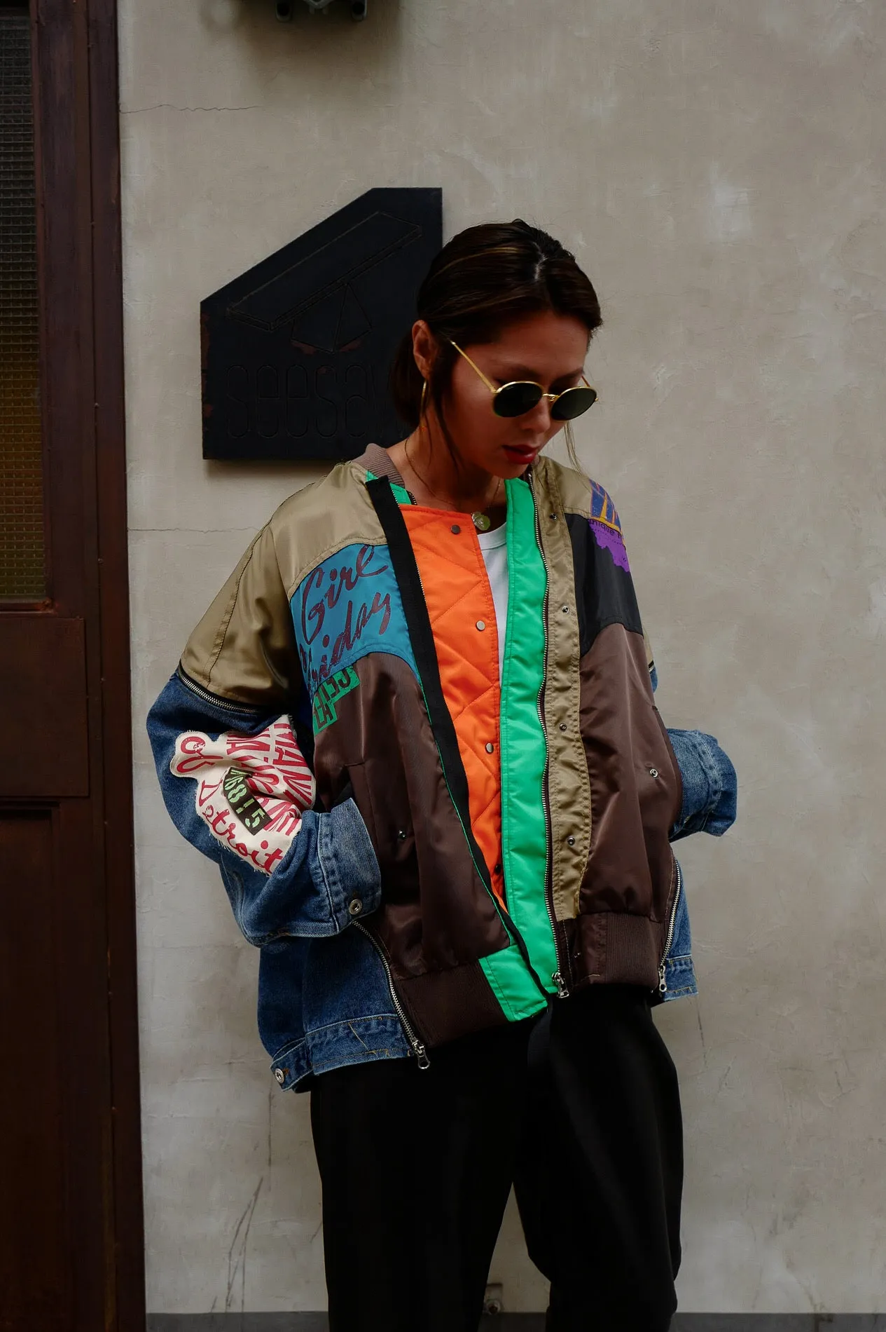 ( BEIGE / GREEN ) PATCHWORK MA1 DENIM JACKET *MUST BUY*