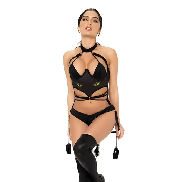 1 Pc Cat Girl Bodysuit W/attached Wrist Straps Black