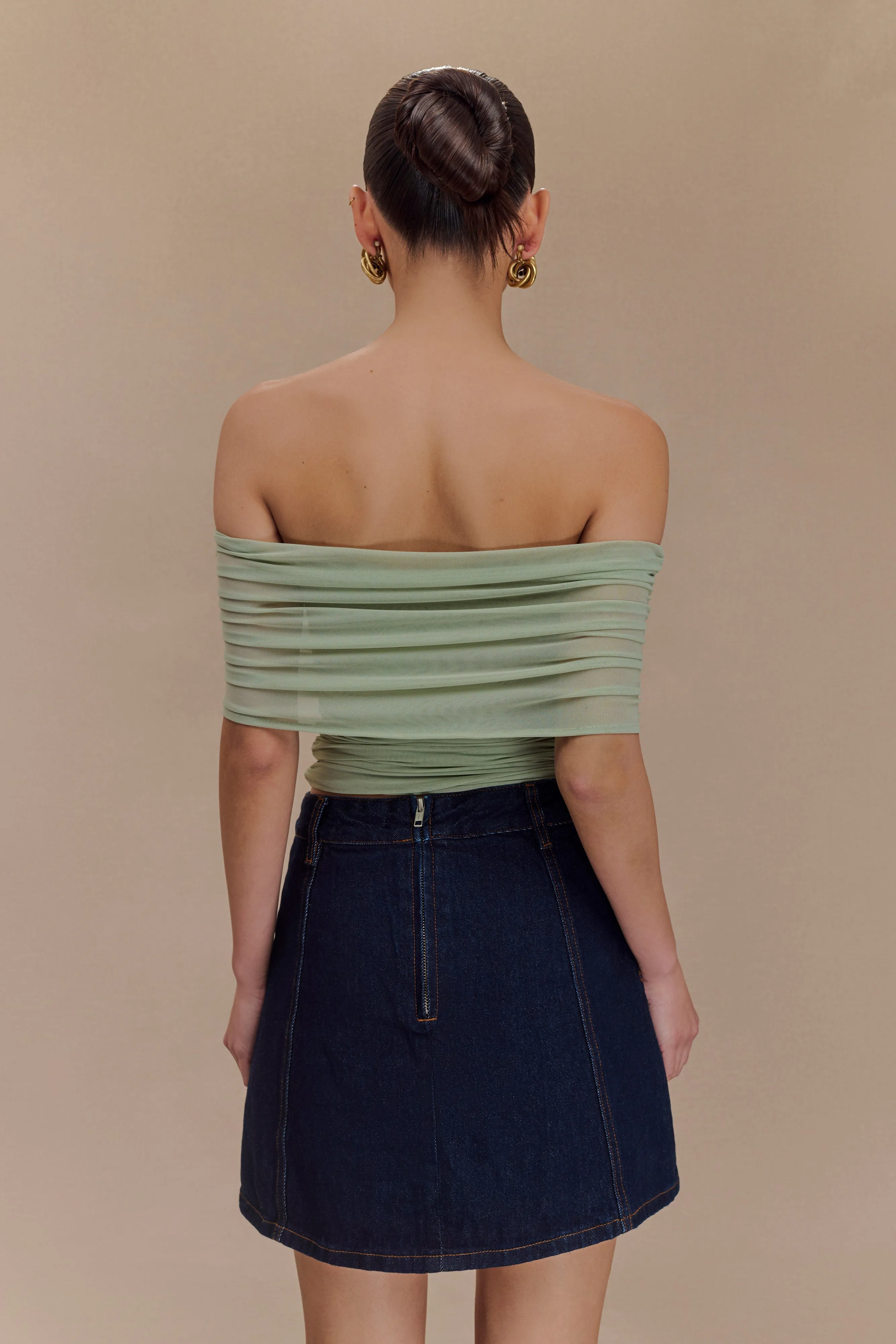 Arna Off Shoulder Mesh Crop Top - Basil