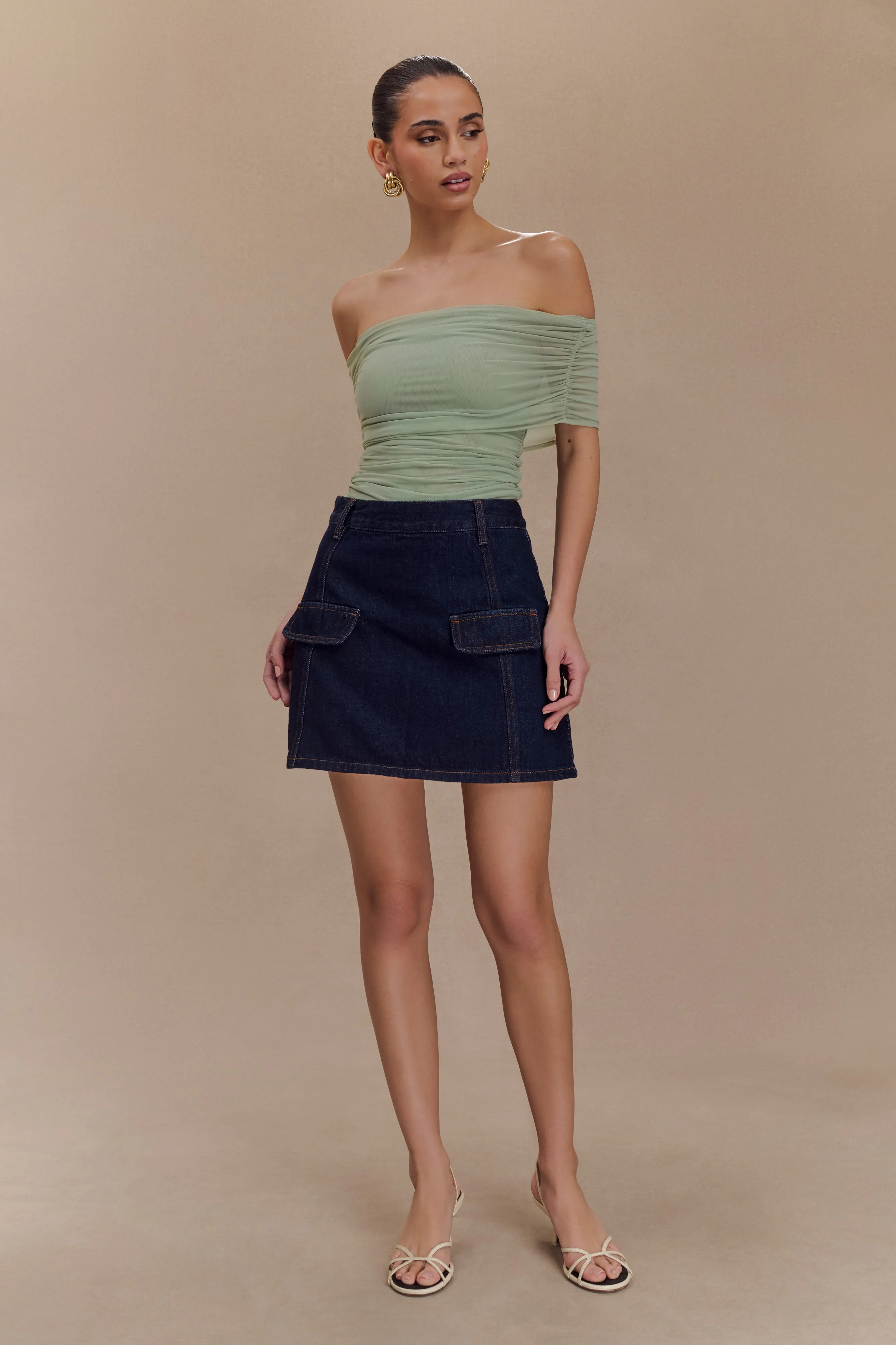 Arna Off Shoulder Mesh Crop Top - Basil