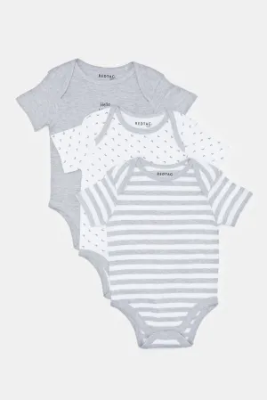 Babies White And Grey Printed Bodysuit Set (Pack Of 3)