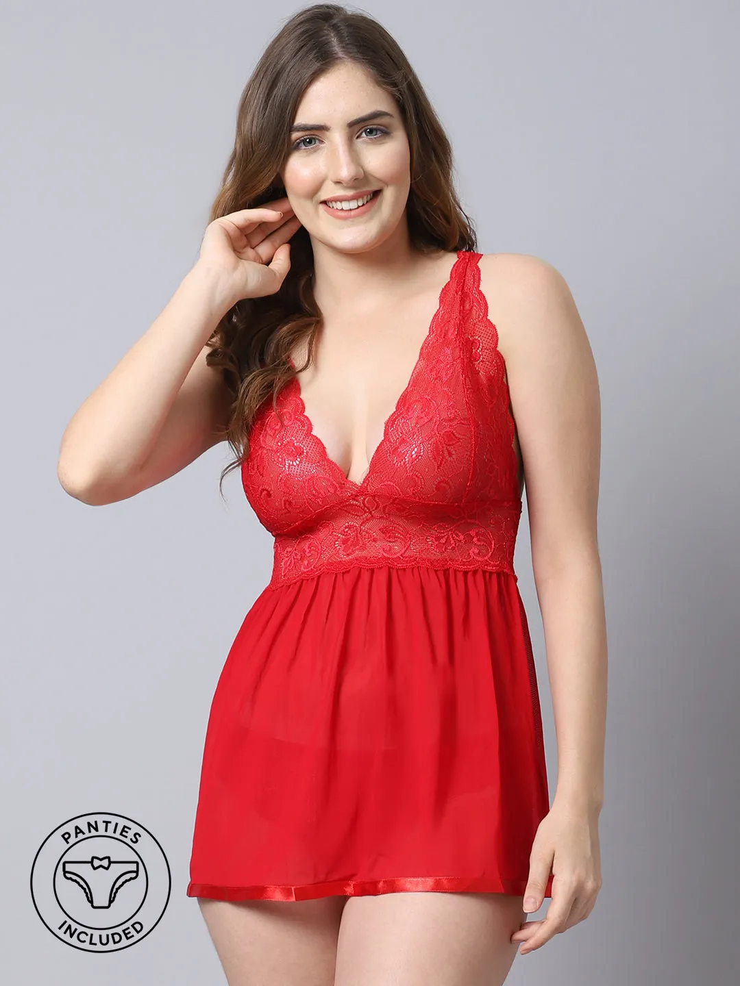 Babydoll Lacy Net V-Neck Dress - Red