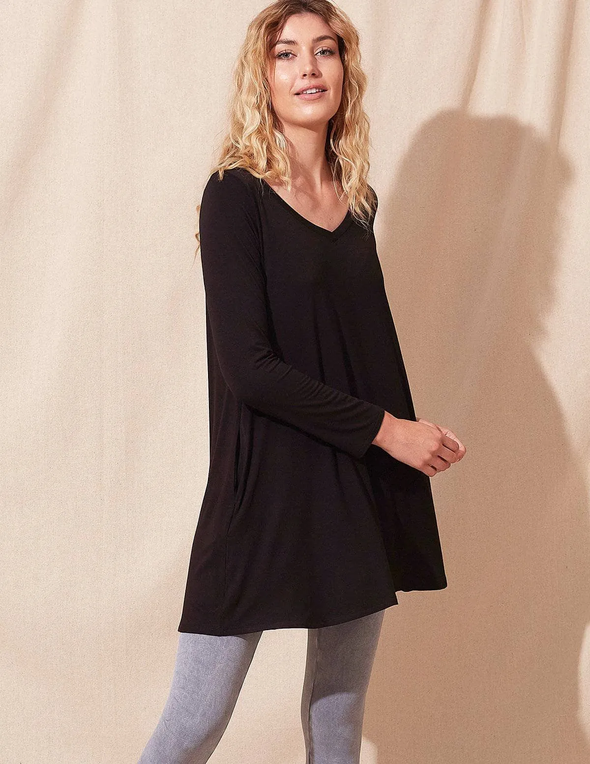 Bamboo V-Neck Tunic Dress - Black Small and Medium Only