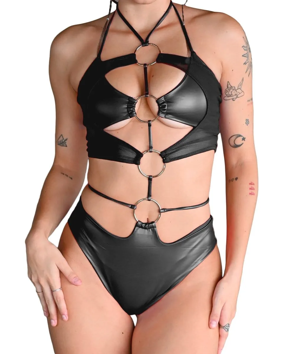 Black 4-Ring Cutout Bodysuit