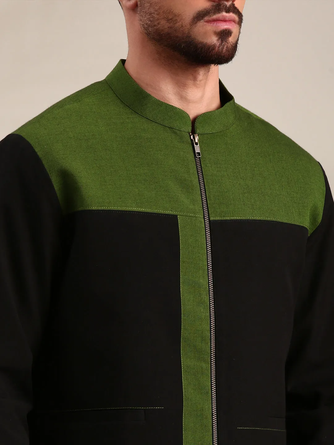 Black & Green Cotton Bomber Jacket