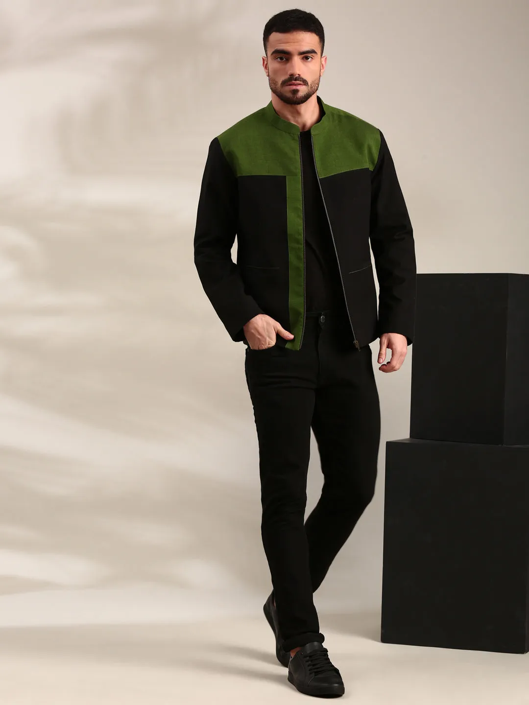 Black & Green Cotton Bomber Jacket