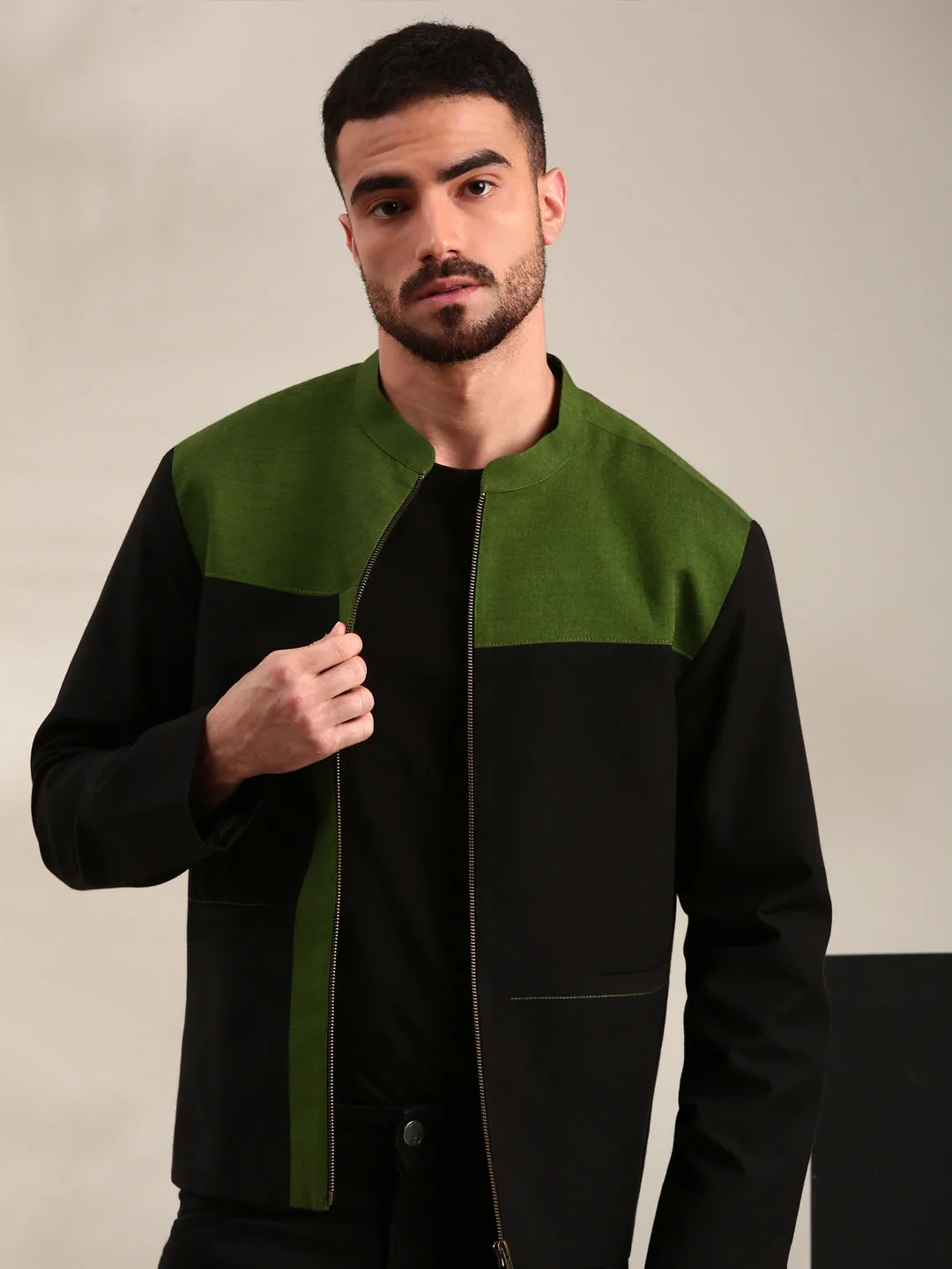 Black & Green Cotton Bomber Jacket