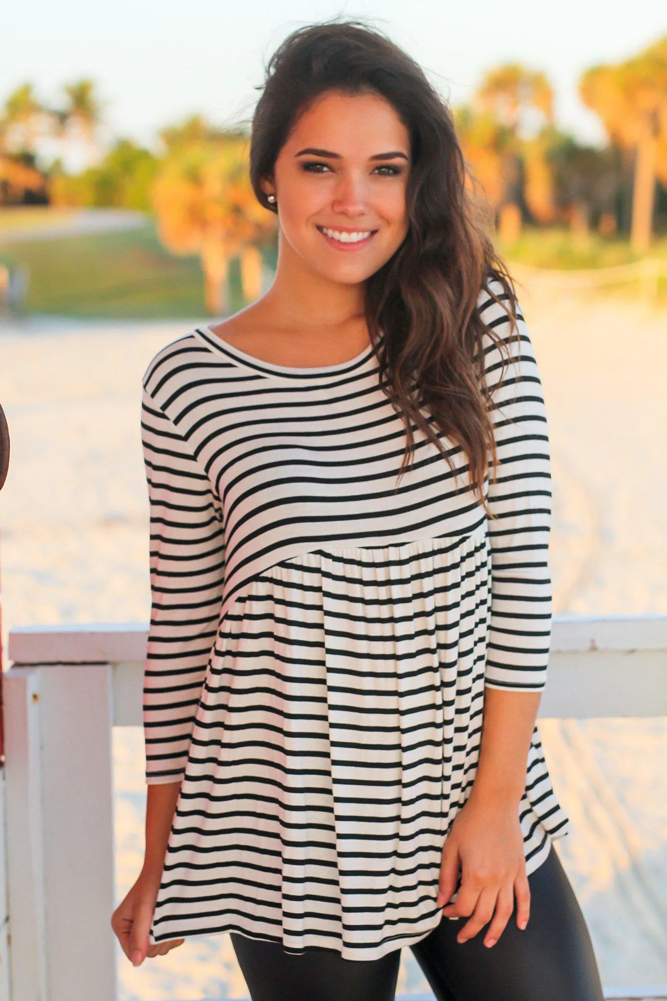 Black and White Striped Babydoll Top with 3/4 Sleeves