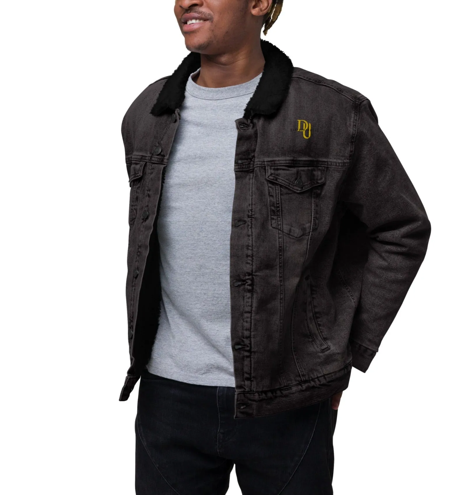 Black denim sherpa jacket- Embroidered "I Beat it" Print