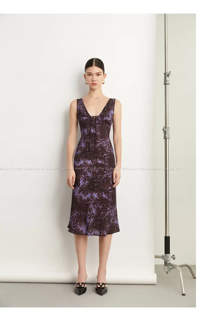 Black Label French holiday Style Purple V Neck Lacetic Sleeveless Dress - Osiiy