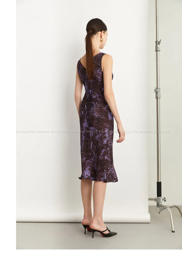 Black Label French holiday Style Purple V Neck Lacetic Sleeveless Dress - Osiiy