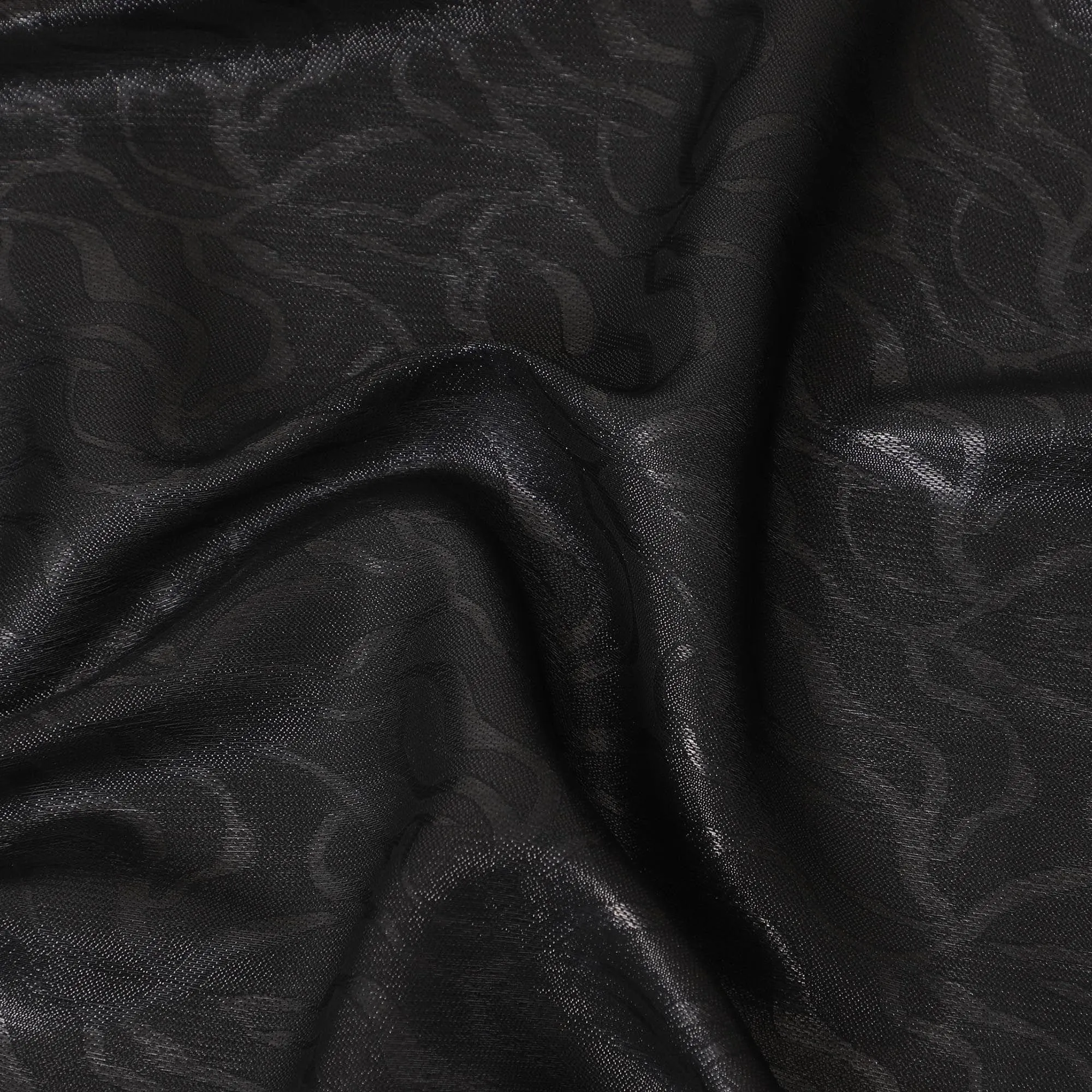 Black synthetic chiffon fabric with same tone metallic lurex in Abstract design-D10127