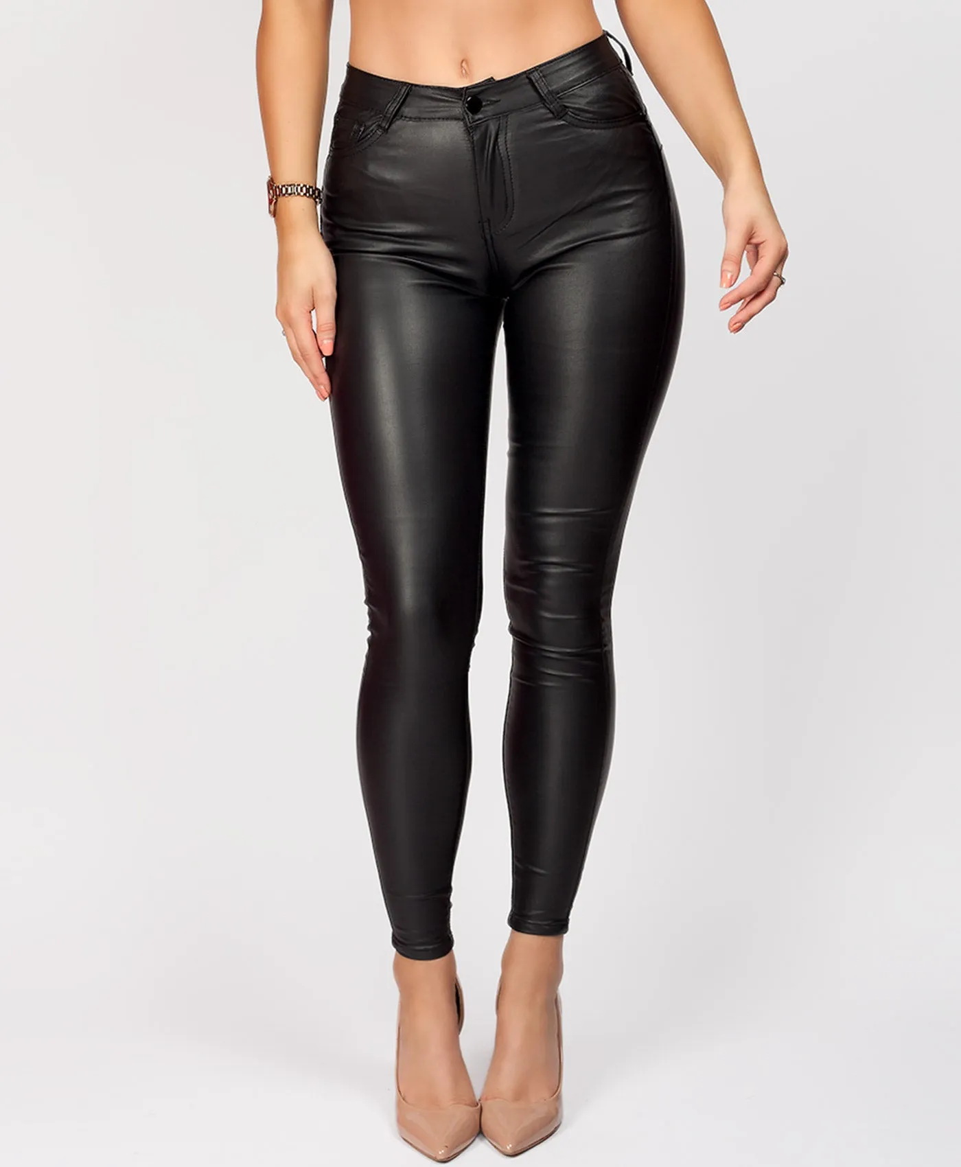 Black Wet Look PU PVC Faux Leather Coated Jeans