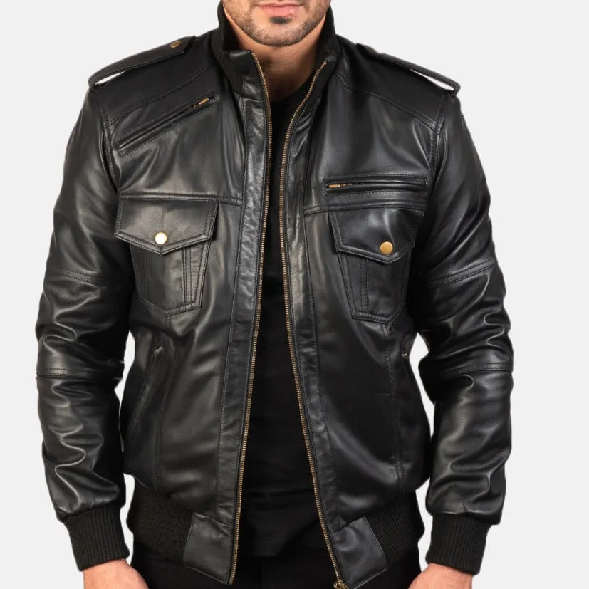 BOMBER-2402 MUSH Shadow Black Leather Bomber Jacket