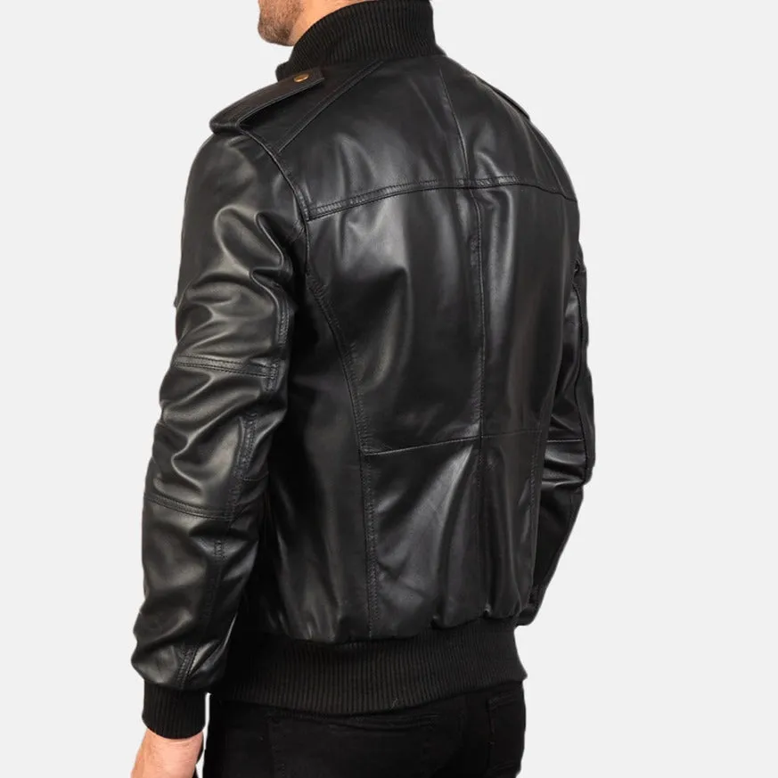 BOMBER-2402 MUSH Shadow Black Leather Bomber Jacket