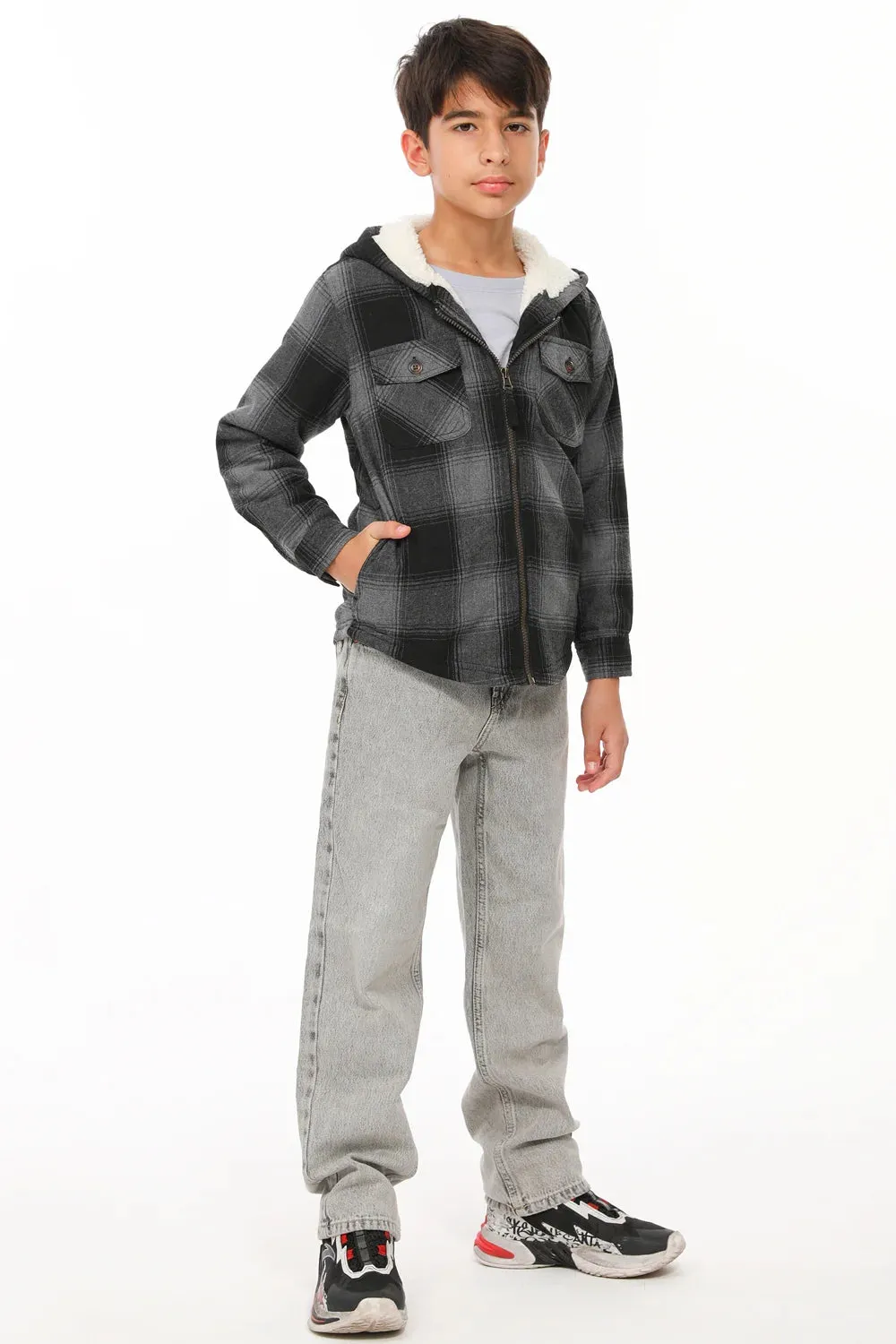 Boys Sherpa Lined Flannel Jacket,Full Zip Up Plaid