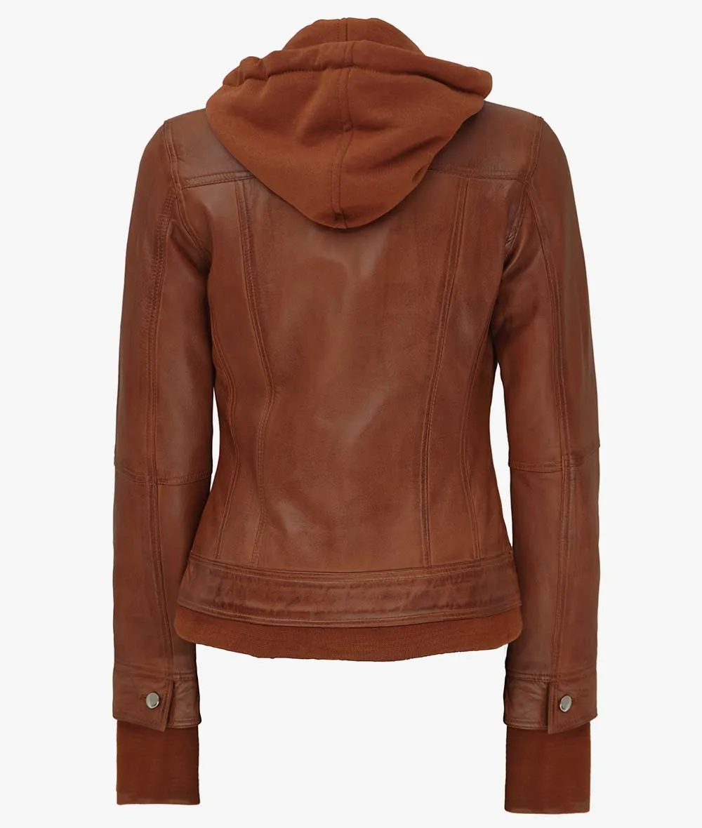 Brown Bomber Leather Jacket With Detachable Hood