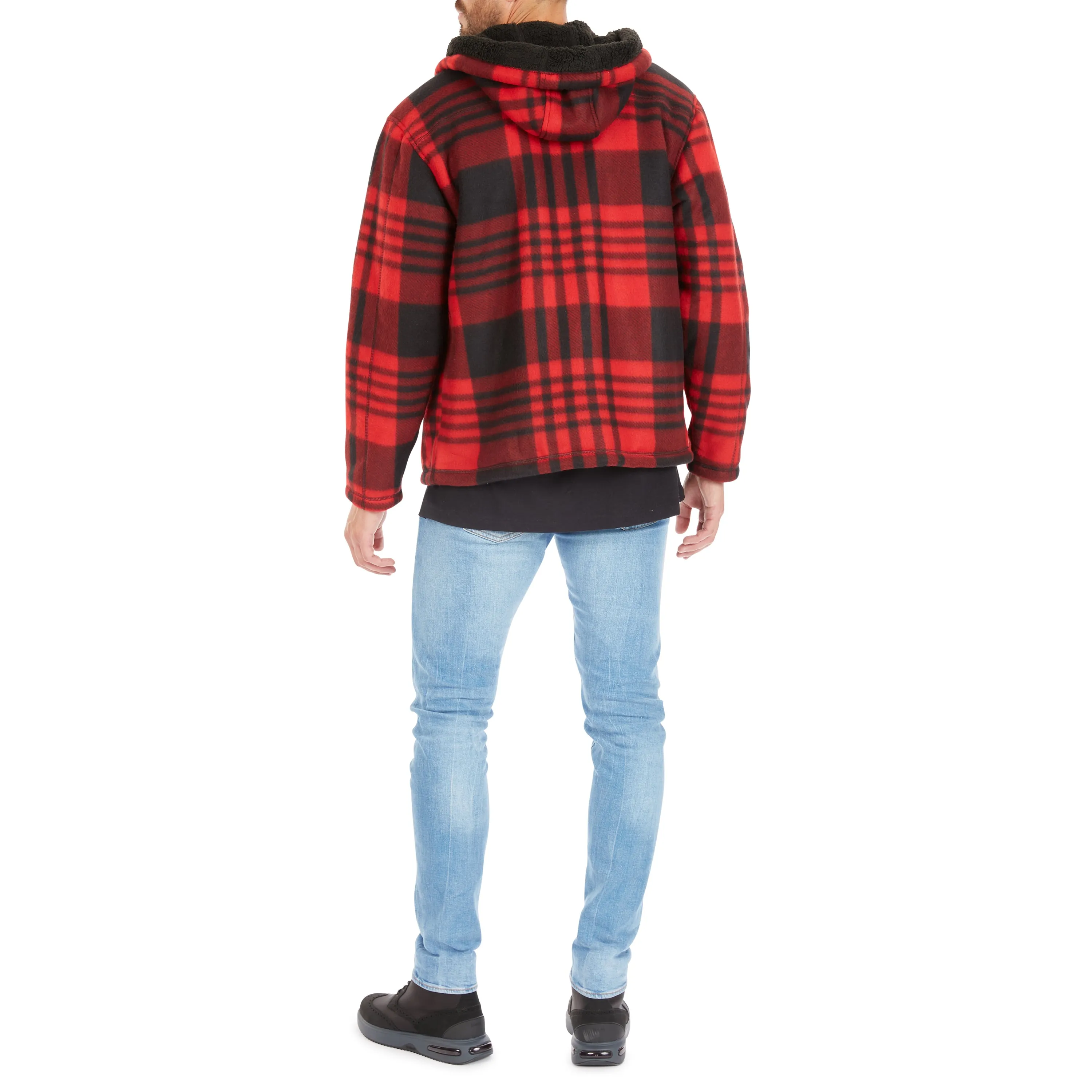 BUTTER-SHERPA LINED PLAID POLARFLEECE FULL ZIP HOODED JACKET