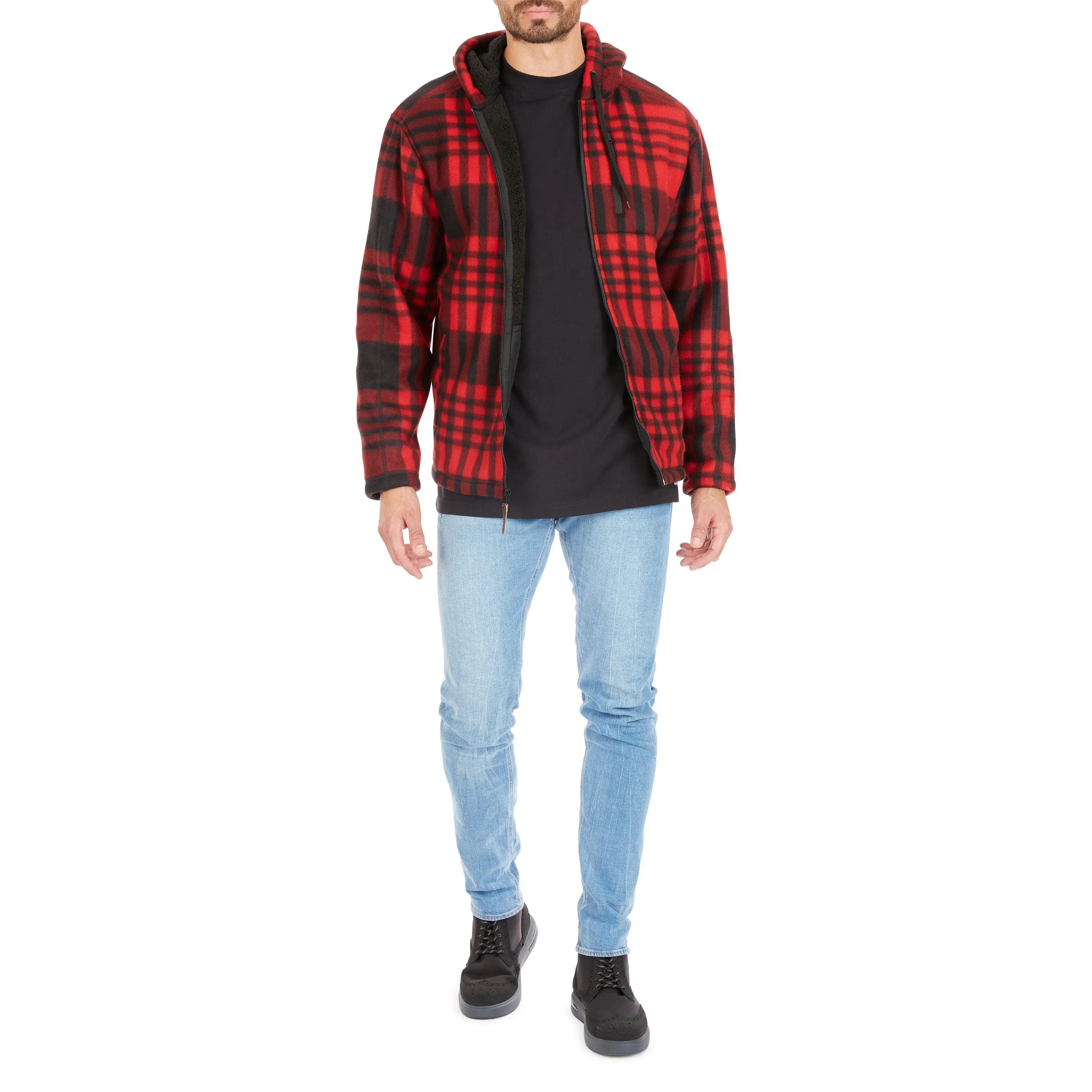 BUTTER-SHERPA LINED PLAID POLARFLEECE FULL ZIP HOODED JACKET