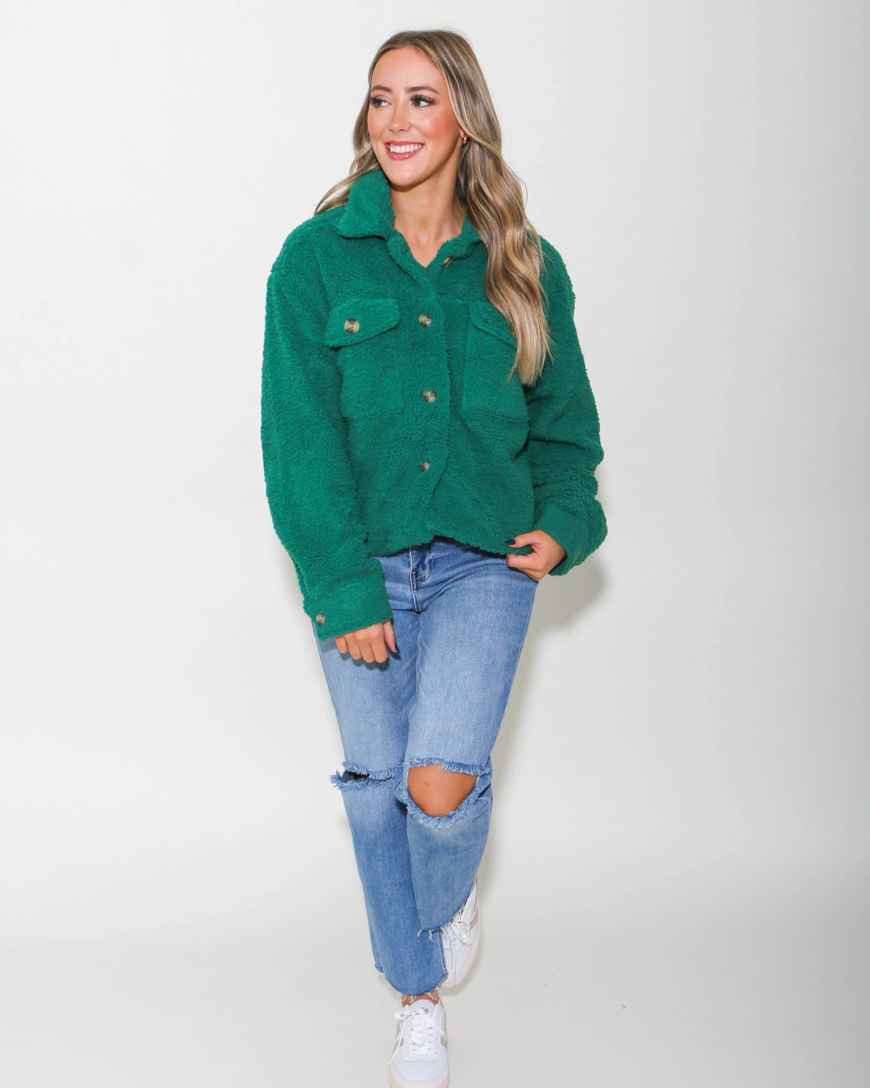 Button Up Sherpa Jacket in Green