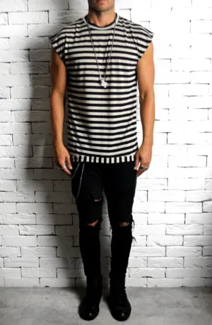 Cap Sleeve T-Shirt - Black/Cream Stripe