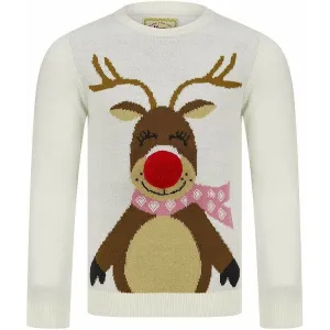 Christmas Happy Reindeer Pom Pom Nose Junior Christmas Jumper