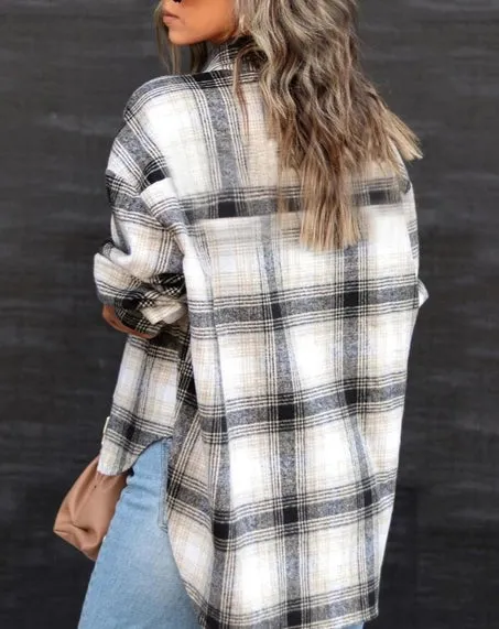 Classic Black Plaid Tartan Button Through Basic Shacket