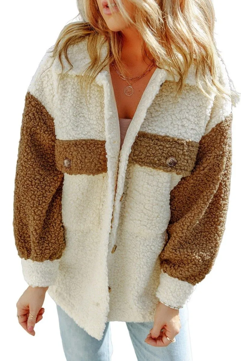 Cream Color Block Sherpa Shacket