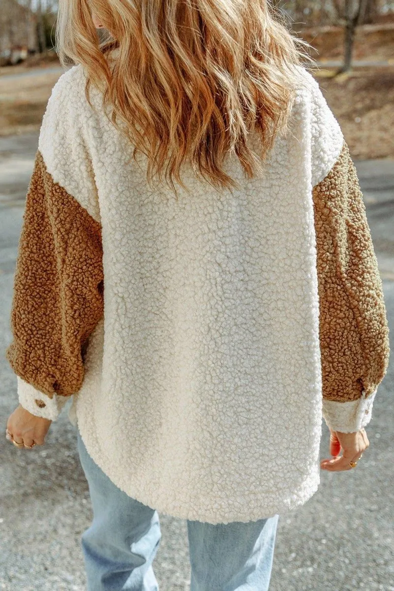 Cream Color Block Sherpa Shacket