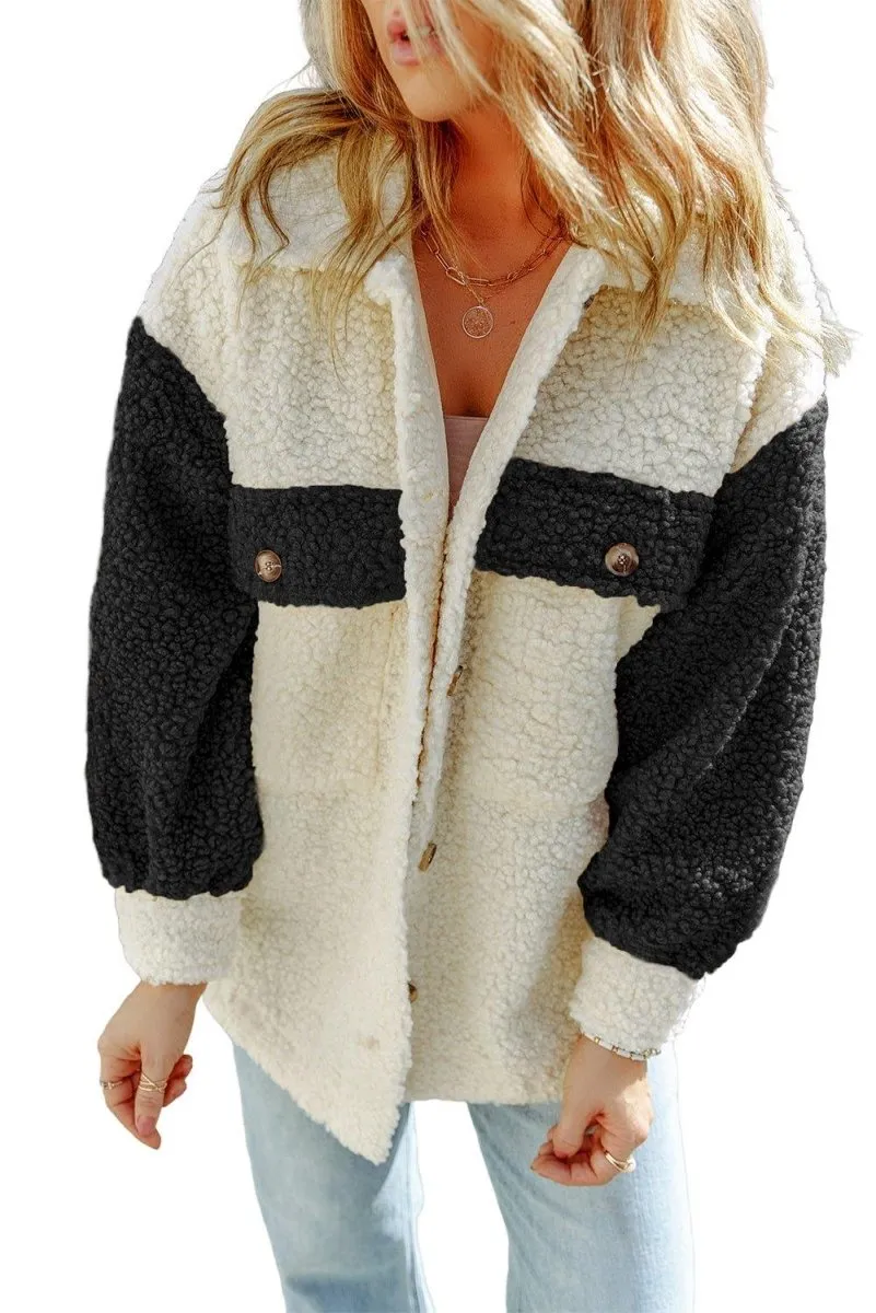 Cream Color Block Sherpa Shacket