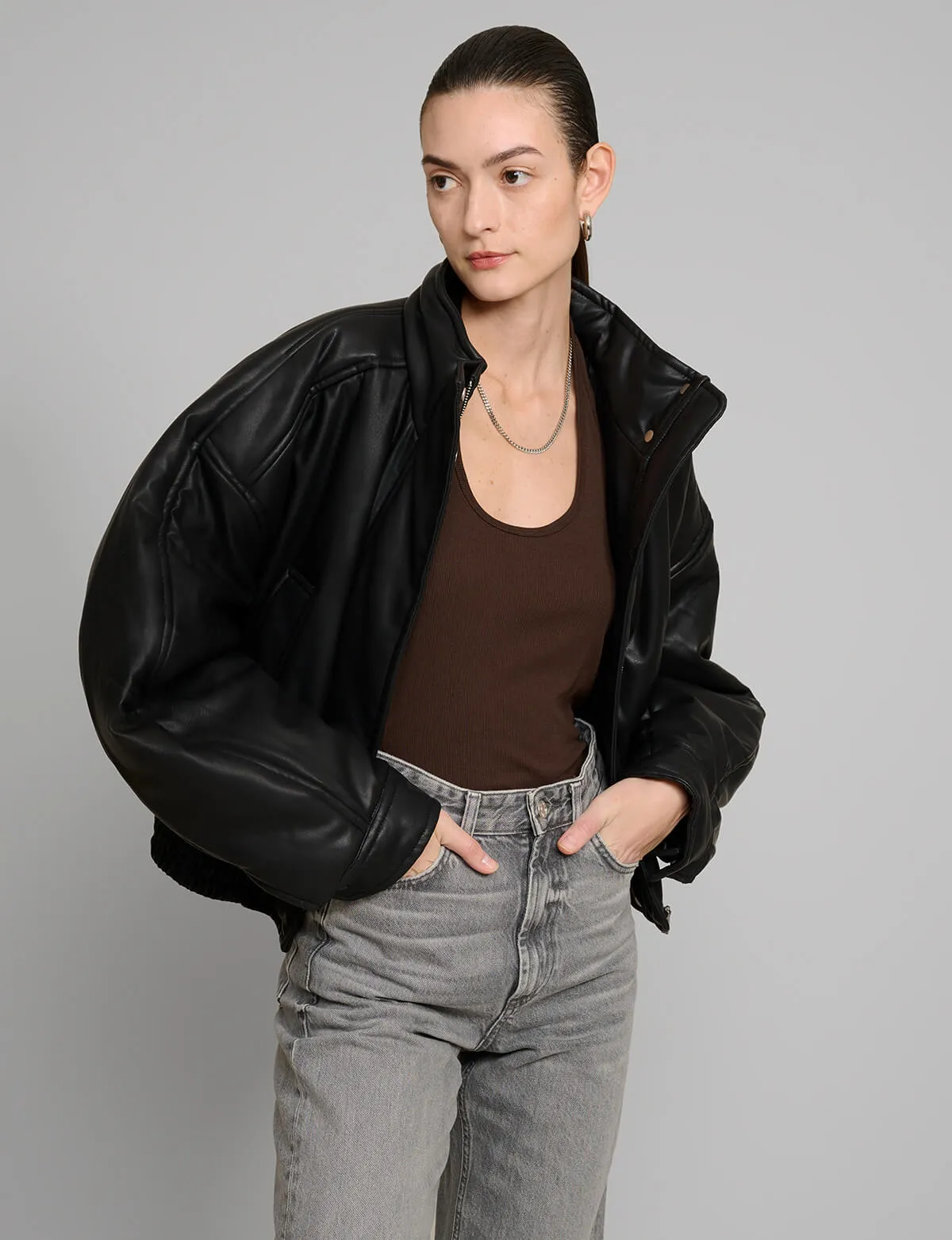 Crop Leather Bomber Jacket