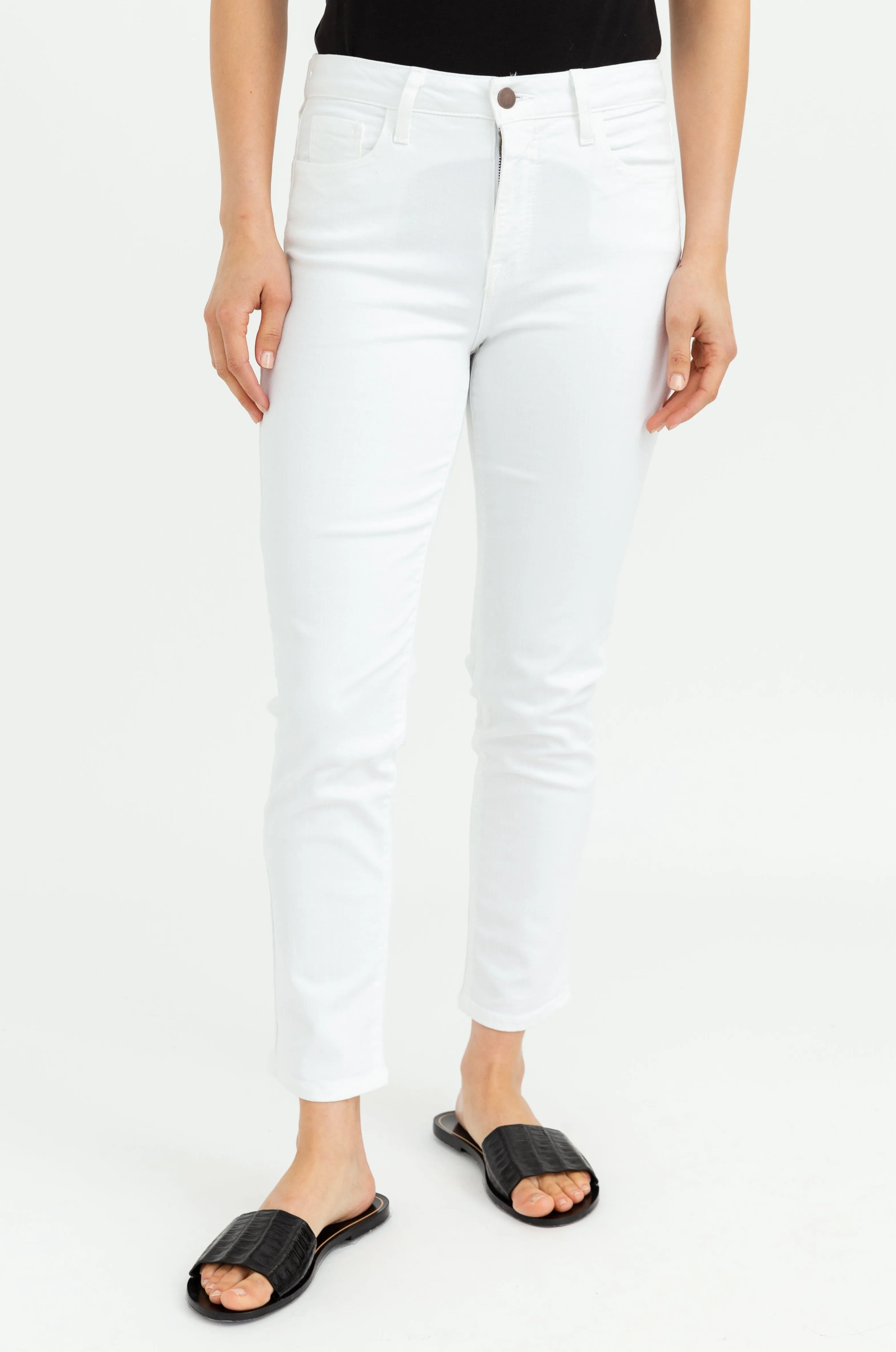 CROP-LENGTH FIVE POCKET PANT IN STRETCH DENIM WHITE