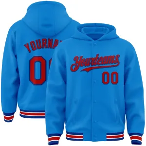 Custom Powder Blue Red-Royal Bomber Full-Snap Varsity Letterman Hoodie Jacket