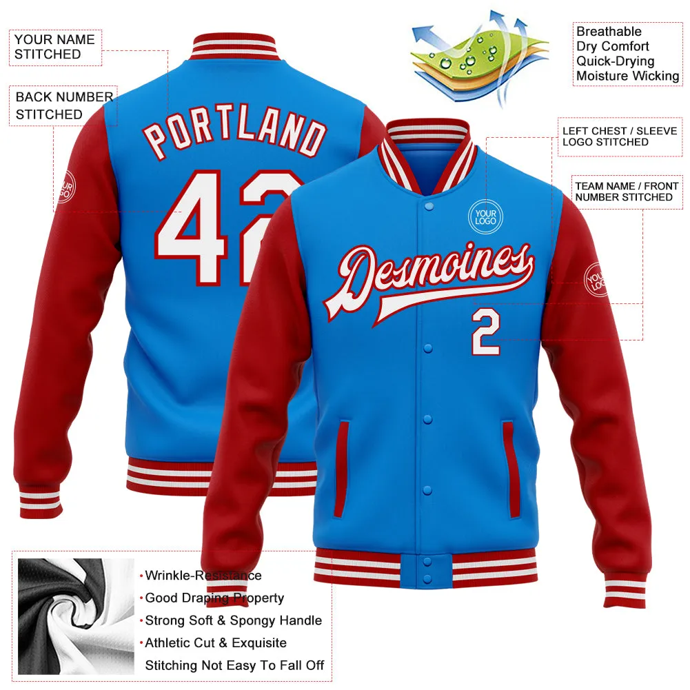 Custom Powder Blue White-Red Bomber Full-Snap Varsity Letterman Two Tone Jacket