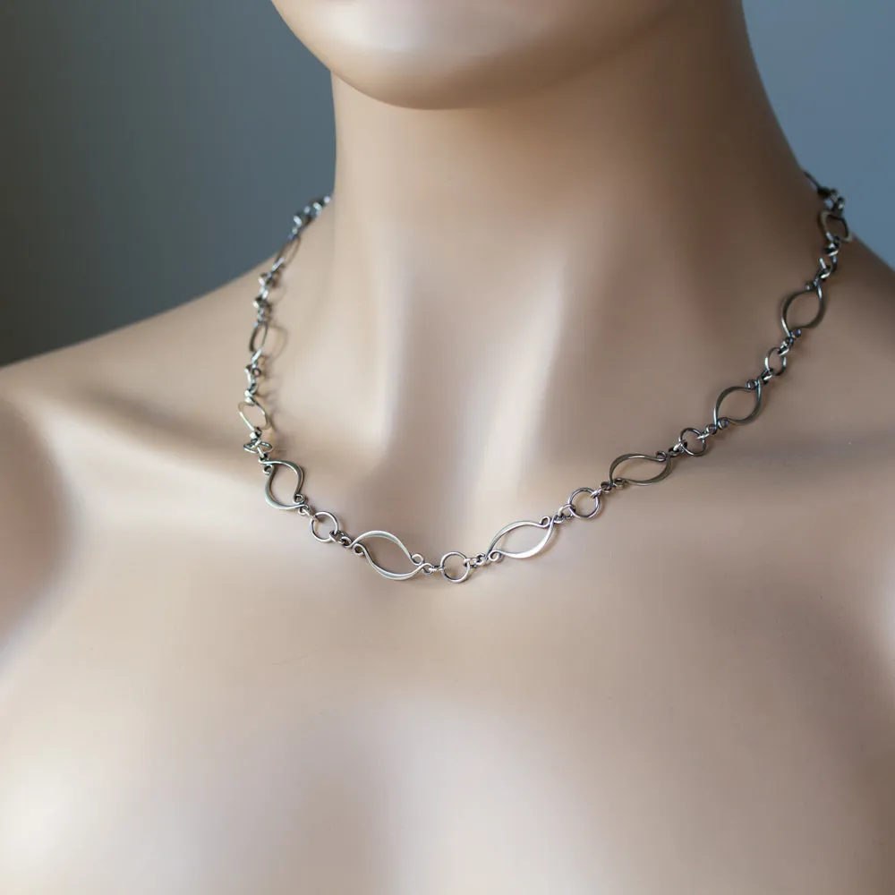 Elegant Marquise Link Chain Necklace, Sterling Silver