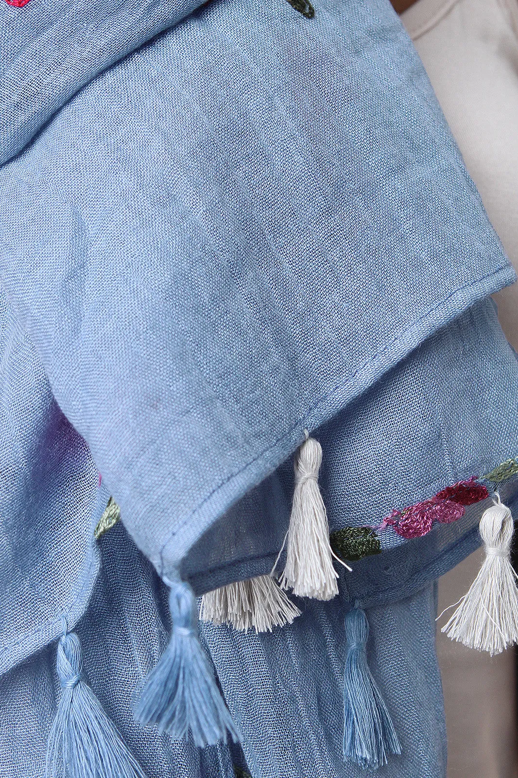 Embroider Flowers Tassel Scarf