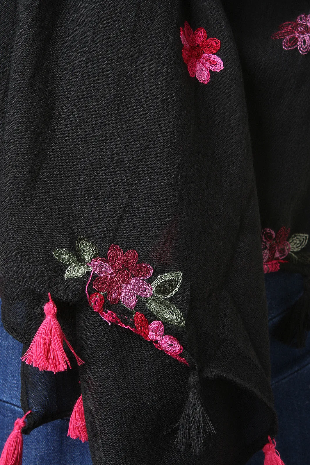 Embroider Flowers Tassel Scarf