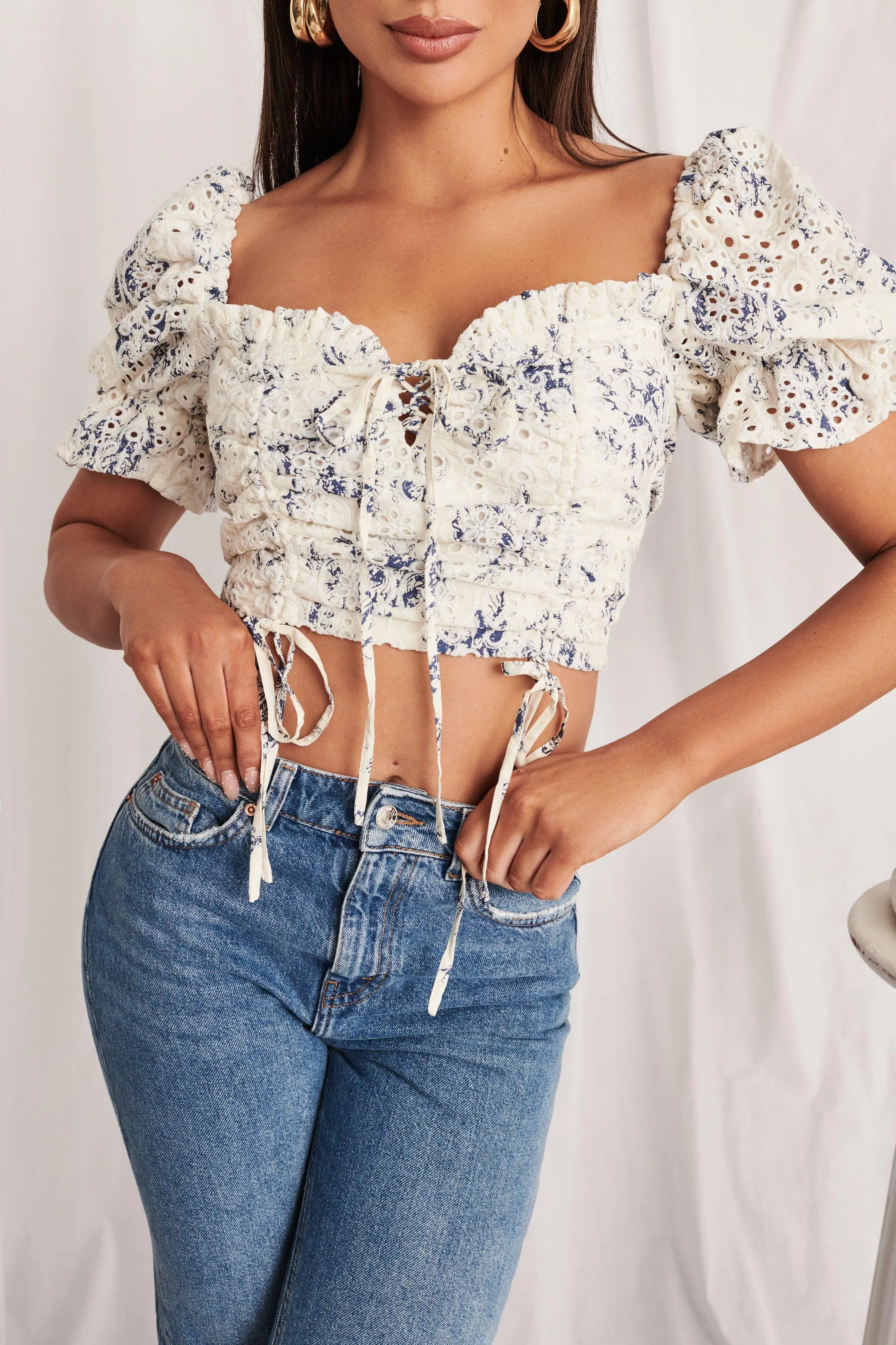 EMERY Broderie Gathered Strappy Back Top in Porcelain