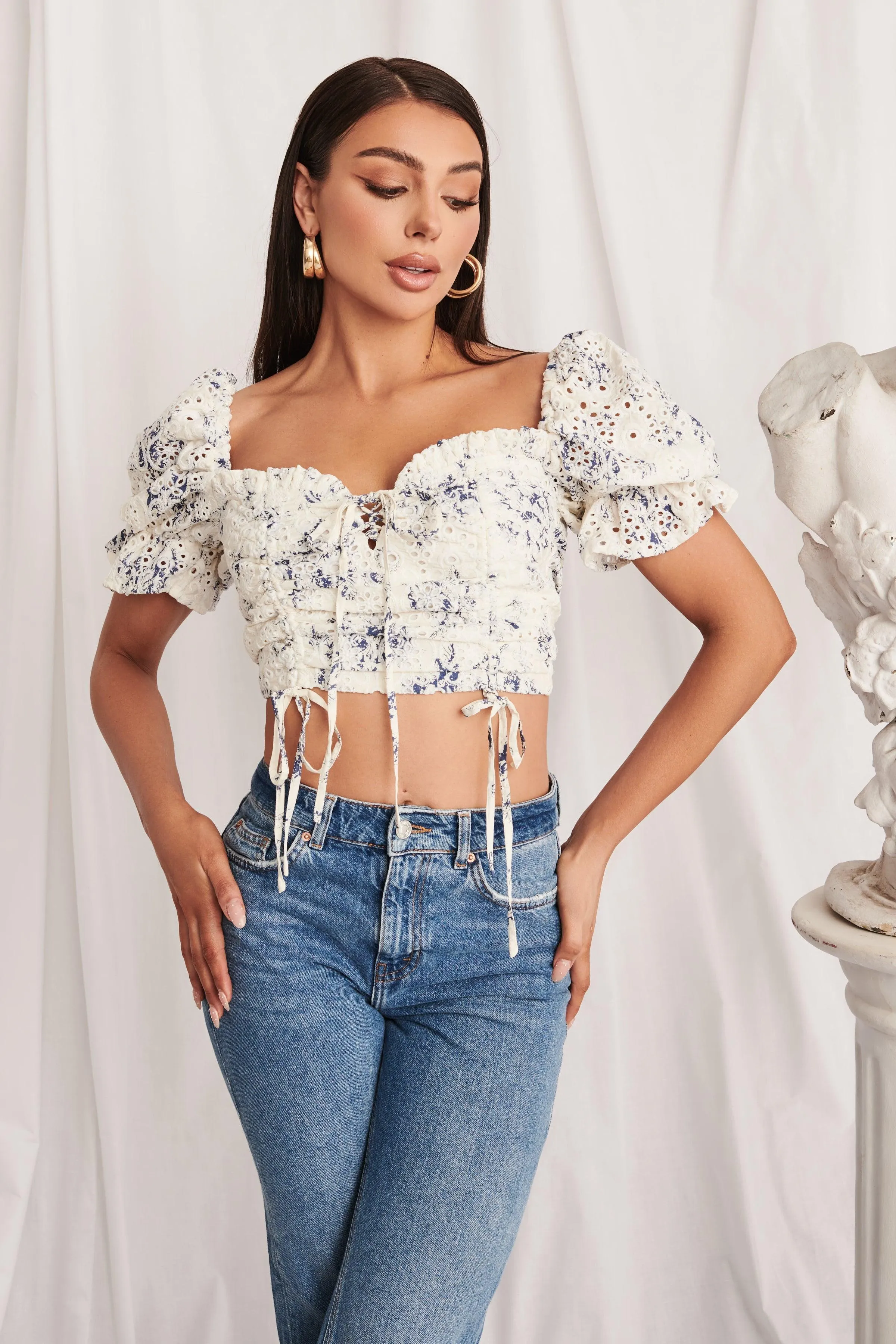 EMERY Broderie Gathered Strappy Back Top in Porcelain