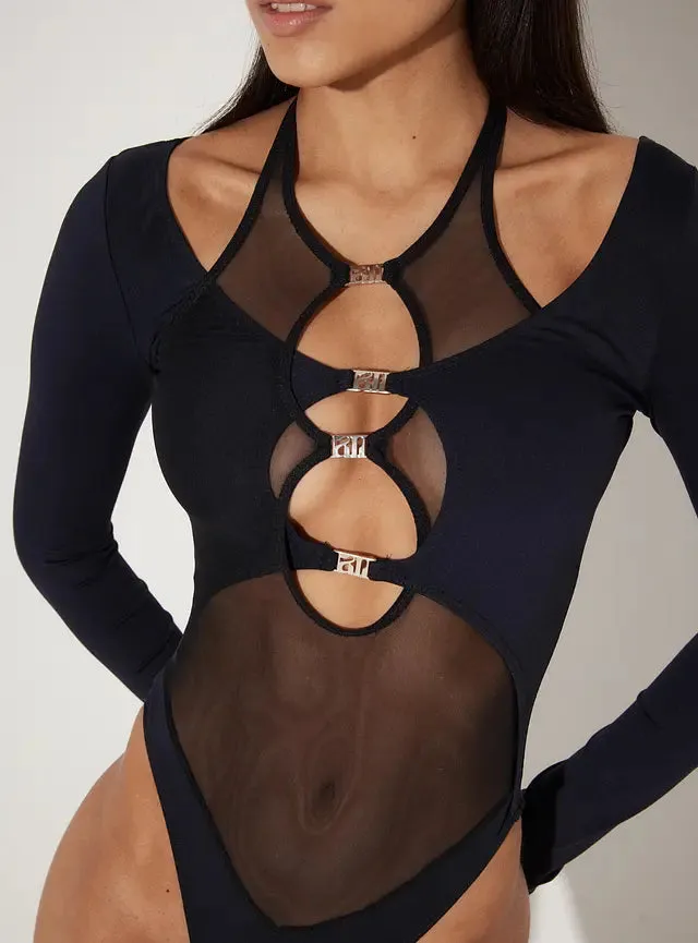 Fashion Bodysuit - Sheer Mesh - Black - Clubwear