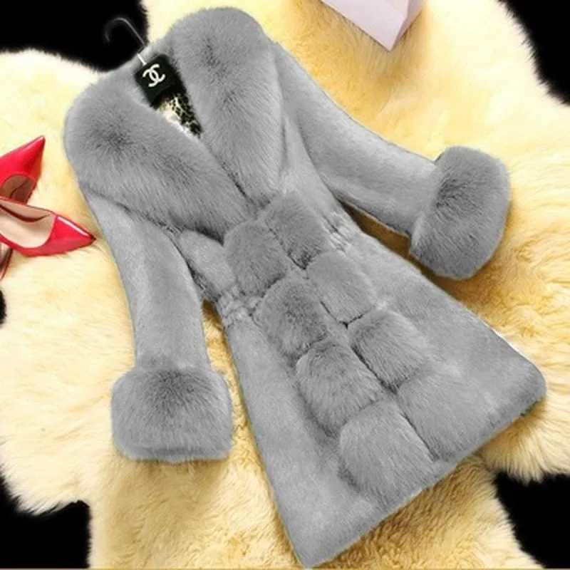 Faux Fur V-Neck Long Overcoat for Women