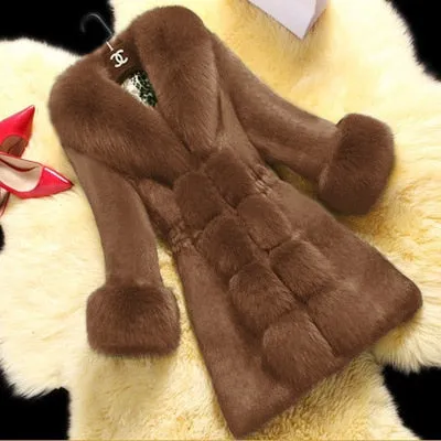 Faux Fur V-Neck Long Overcoat for Women