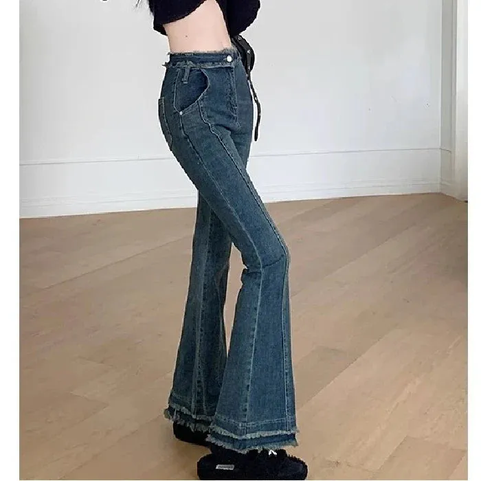 Female Spring New Large Size Sister High-Waisted Cover Crotch Thin Micro Flare Jeans