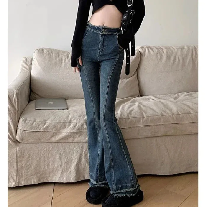 Female Spring New Large Size Sister High-Waisted Cover Crotch Thin Micro Flare Jeans