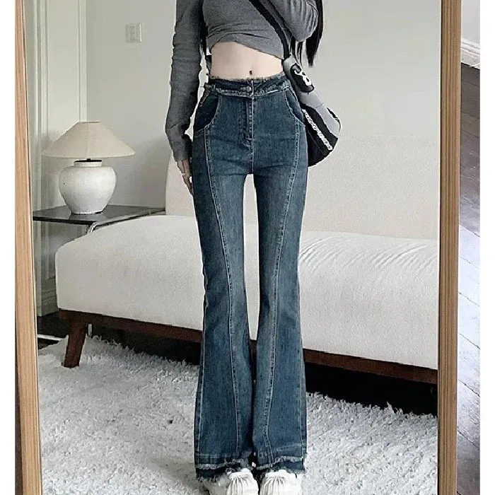 Female Spring New Large Size Sister High-Waisted Cover Crotch Thin Micro Flare Jeans