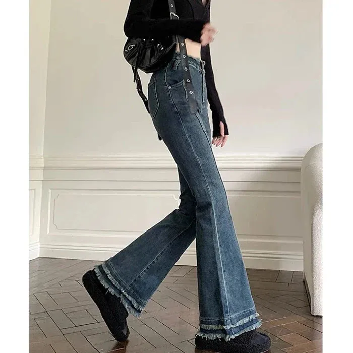 Female Spring New Large Size Sister High-Waisted Cover Crotch Thin Micro Flare Jeans