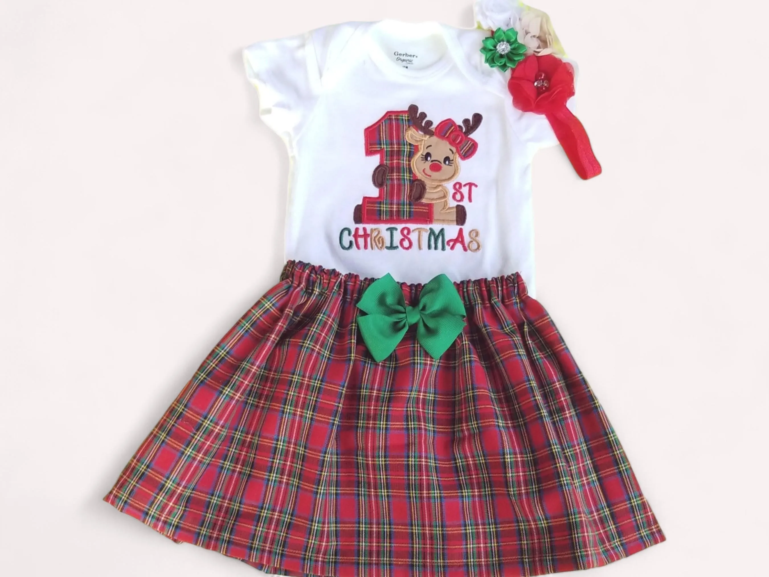 First Christmas Baby Girls Outfit, Christmas Reindeer Skirt &amp; Bodysuit, Plaid Christmas Skirt, First Christmas Outfit, Girls Christmas Dress