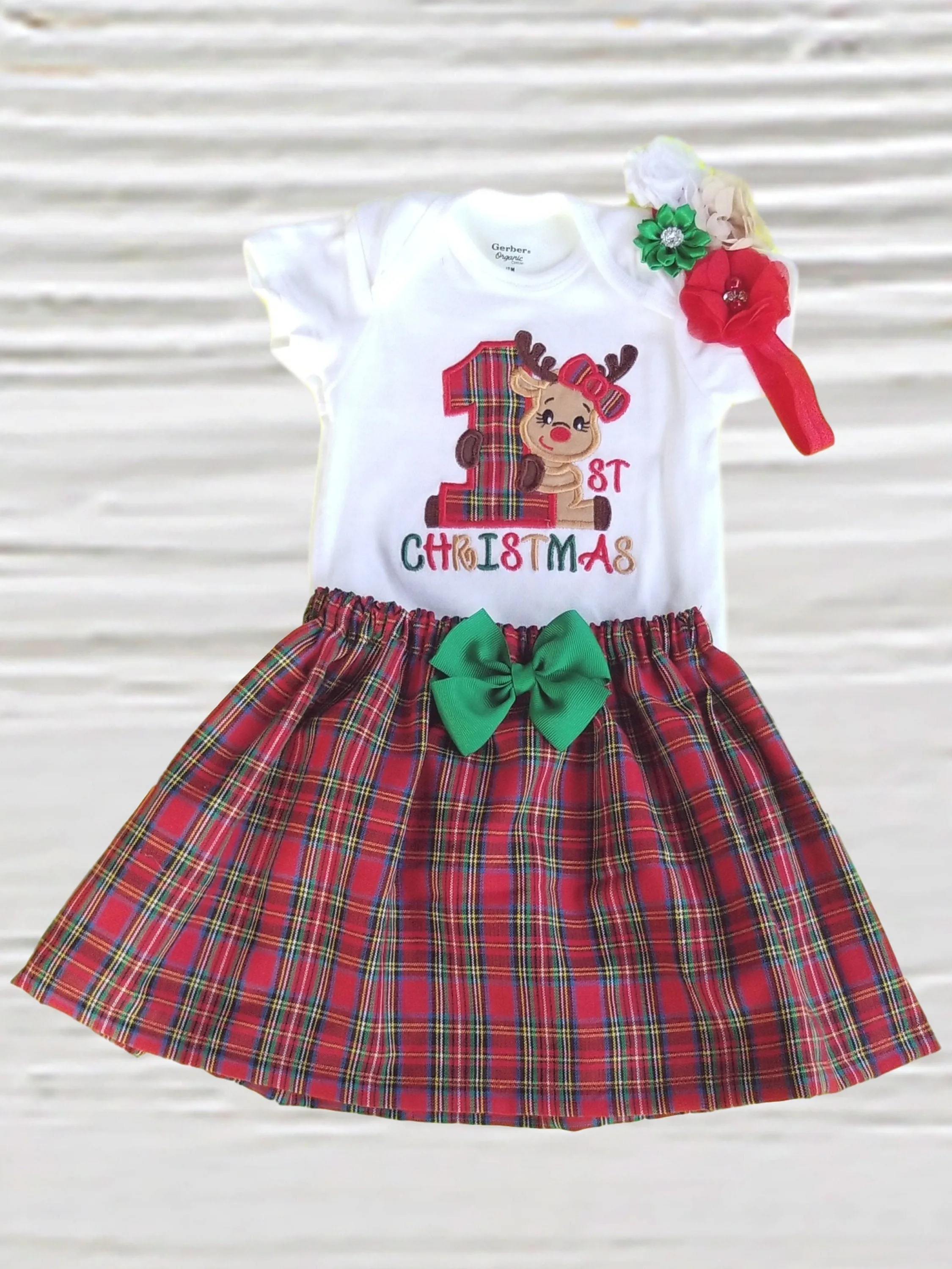 First Christmas Baby Girls Outfit, Christmas Reindeer Skirt &amp; Bodysuit, Plaid Christmas Skirt, First Christmas Outfit, Girls Christmas Dress