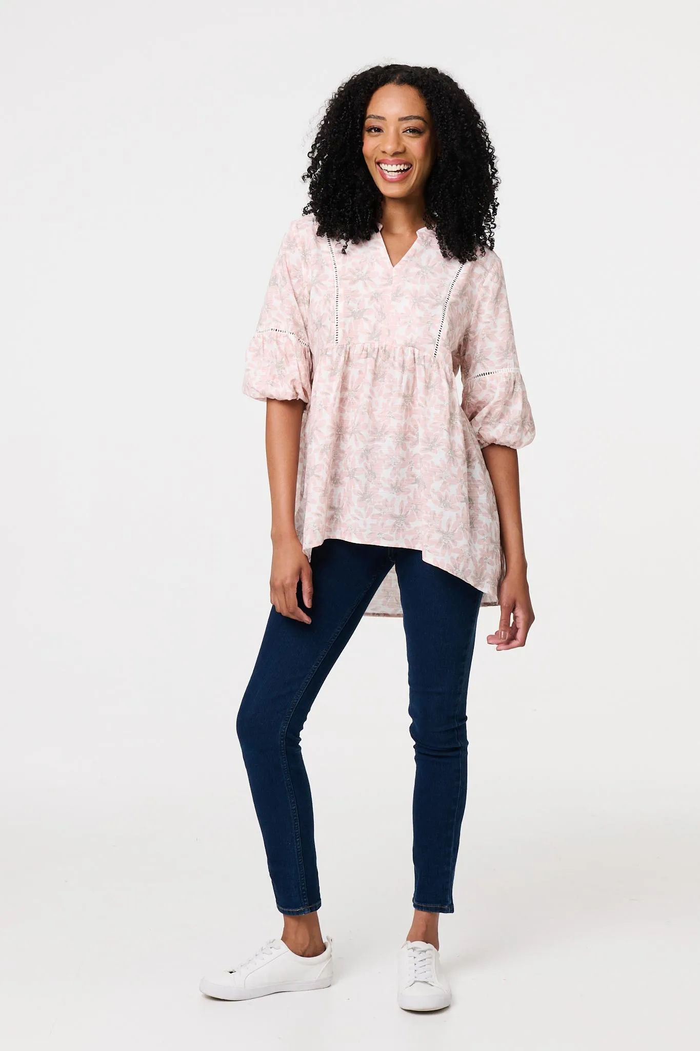 Floral Curve Hem 3/4 Puff Sleeve Blouse